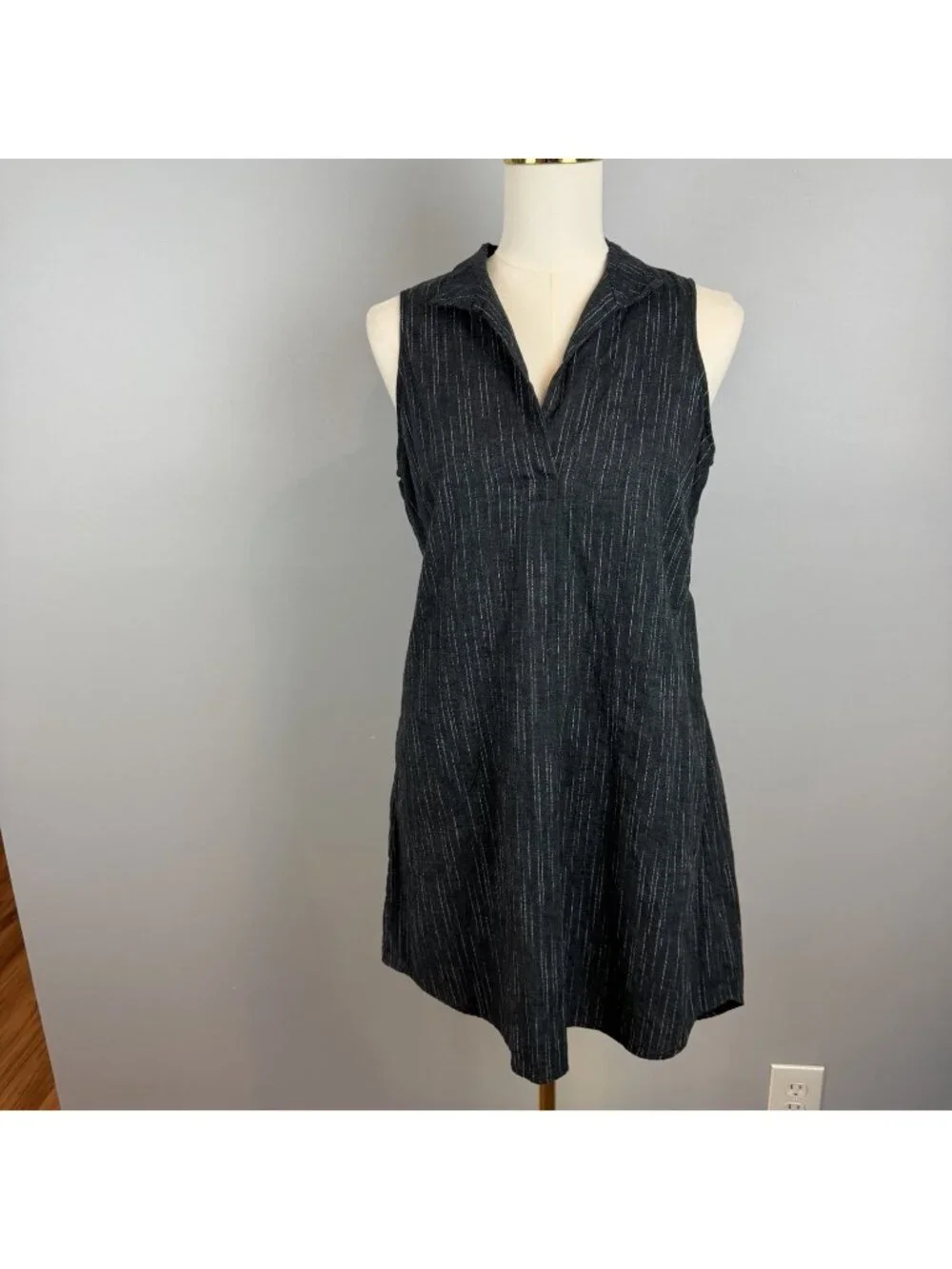 Nanette Nomadic Story Womens Medium Black Linen Shift Dress Pockets Sleeveless